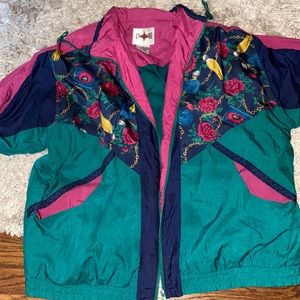 Vintage Nylon Zip up Windbreaker with Roses and ornaments and pockets